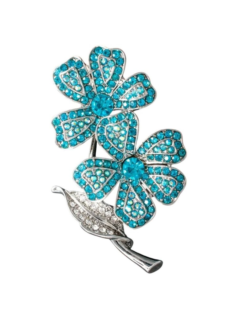 Light Blue Crystal Double Flower Brooch Silver Tone Metal